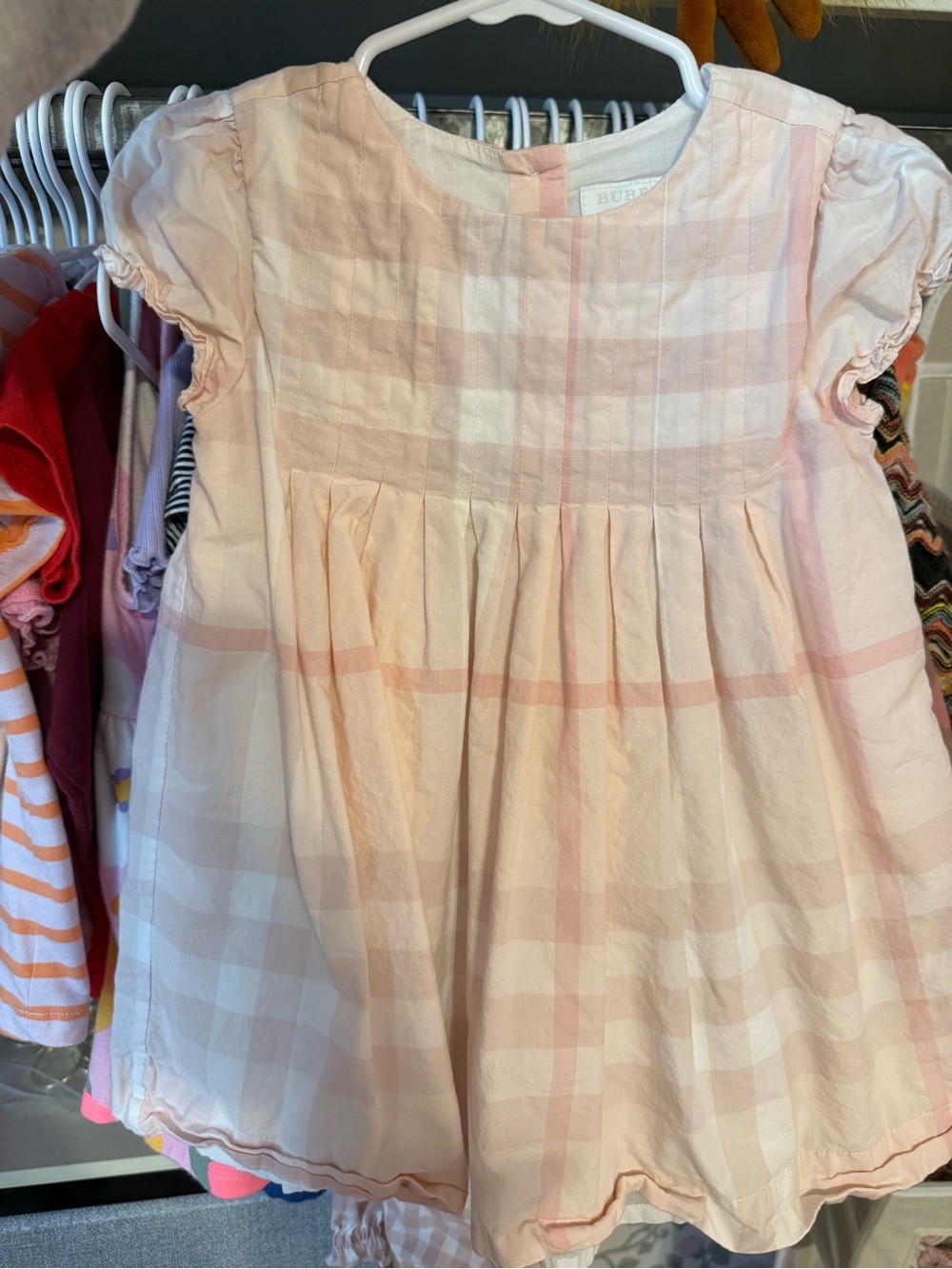 Burberry Light Pink Plaid Puff-Sleeve Dress